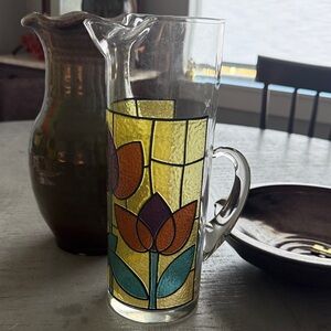 Vintage West Virginia Glass "Stained Glass Tulips" pitcher
